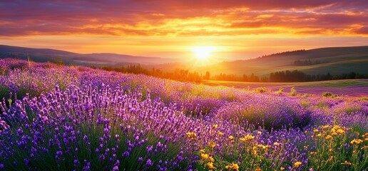 Fototapeta premium Serene Meadow Sunset with Vibrant Lavender Flowers and Rolling Hills