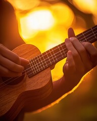 Naklejka premium Sunset Ukulele Serenade: A Musician Plays a Ukulele During Golden Hour