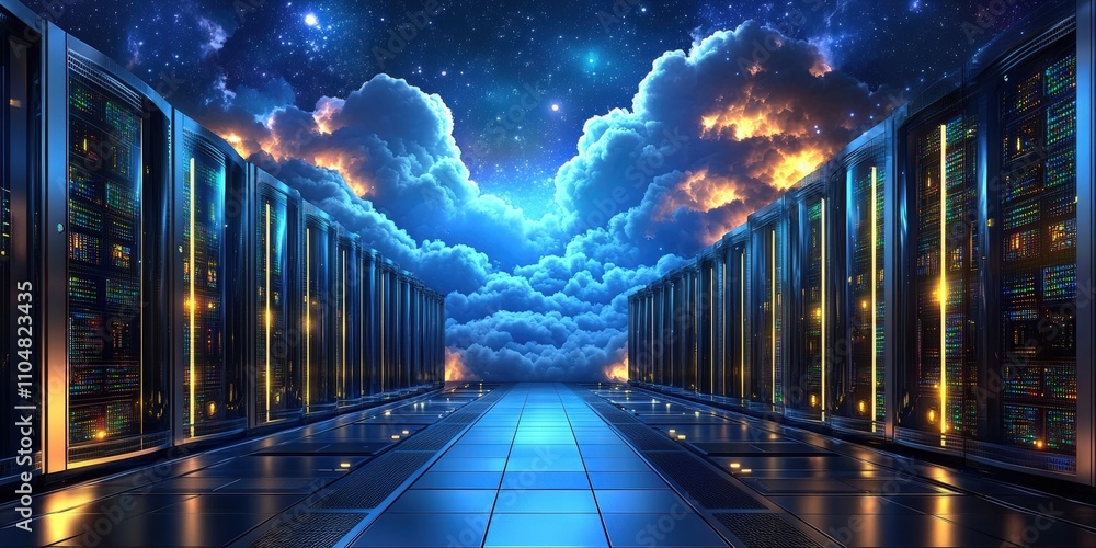 Poster high-tech data center with rows of powerful virtual servers under a dramatic cloudy sky and starry b