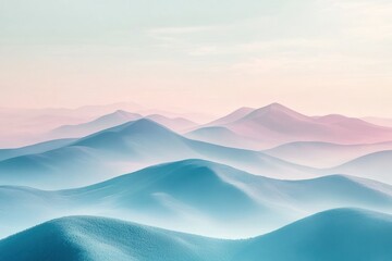A soft, ethereal landscape of rolling hills bathed in a gentle light. The mountains are shrouded in a soft mist, creating a sense of tranquility and mystery.
