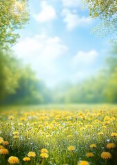 Vibrant Meadow with Tall Grass Dandelions Blue Sky Sunshine Tranquil Nature Scene