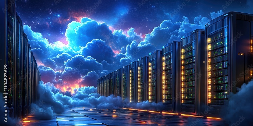Poster high tech data center with rows of powerful virtual machines illuminated by colorful lights against 