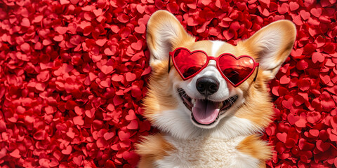 Valentines dog in love, happy corgi with rose petals and flower. Valentine’s Day wallpaper banner