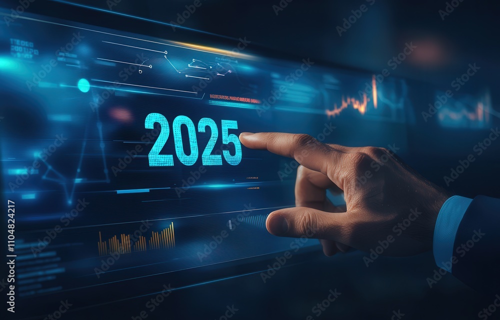 Poster a hand interacts with a futuristic screen displaying data and the year 2025, symbolizing technologic