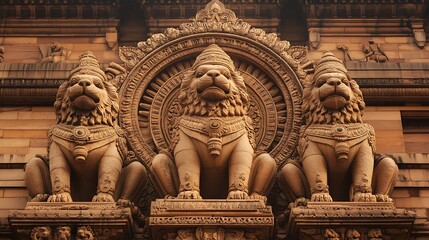 Three Stone Lions Adorn Ancient Temple Facade