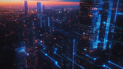 Smart digital city with connection cyber security network reciprocity over the twilight cityscape.future wireless digital city and social media networking systems that connects people within the city
