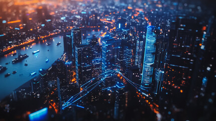 Obraz premium Smart digital city with connection cyber security network reciprocity over the twilight cityscape.future wireless digital city and social media networking systems that connects people within the city