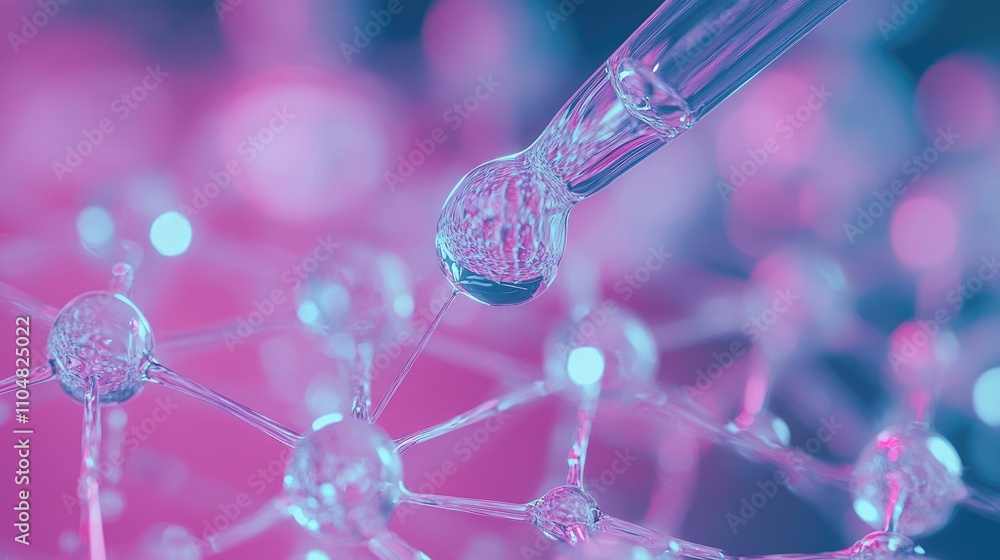 Poster close-up of lab pipette dropping liquid on molecular structure