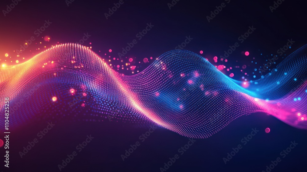 Poster abstract wave pattern with vibrant colors and glowing particles.