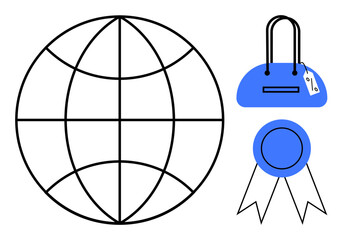 Black-outlined globe and stylish handbag with tag, blue award ribbon with two white stripes. Ideal for international business, travel, fashion, global commerce, quality assurance, consumer goods