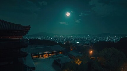 A serene night view of a traditional structure overlooking a city under a full moon.