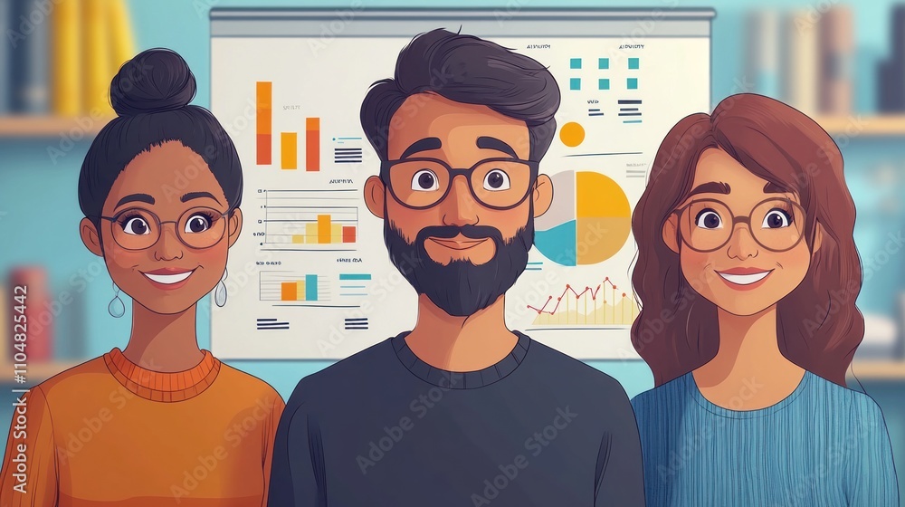 Poster a diverse team of three professionals stand in front of a whiteboard with charts and graphs, smiling