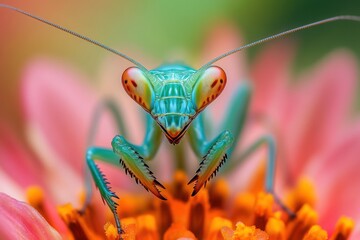 A close-up of a vibrant green praying mantis with large, prominent red eyes, perched on a bright pink flower.