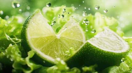 Fresh Lime Slices on Green Lettuce with Water Droplets Close Up