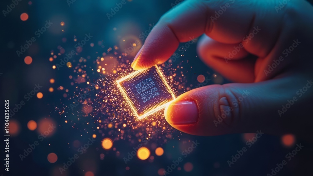Poster a hand holds a glowing computer microchip