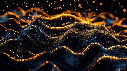 Abstract waves of golden particles against a dark backdrop, dynamic and captivating.