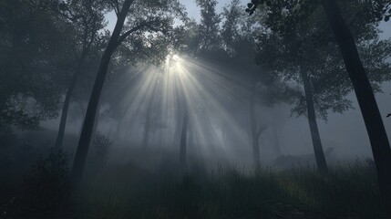 Ethereal Light Shining Through Misty Forest Canopy in Morning