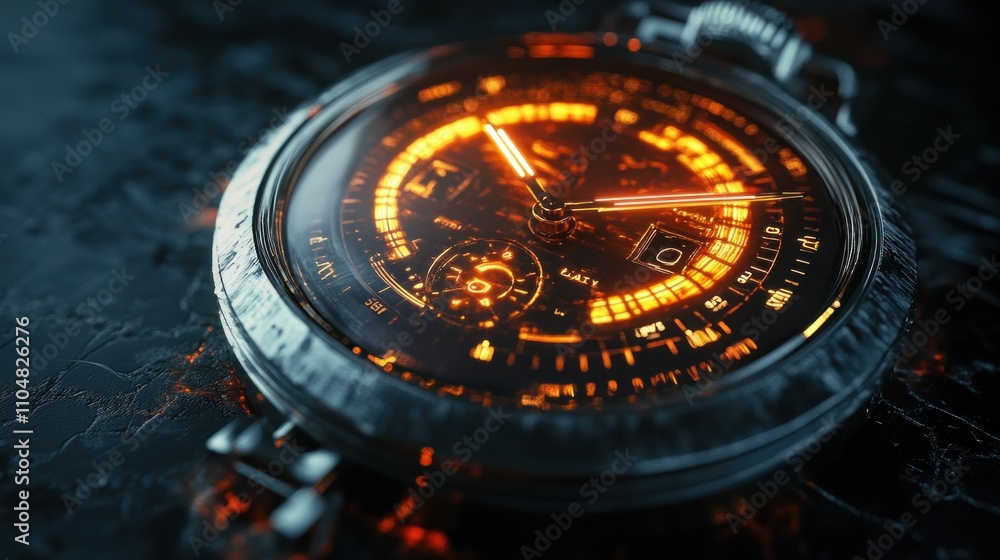 Poster a close-up of a futuristic watch with glowing elements on a dark surface.