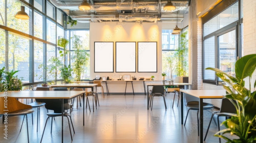 Poster Bright and Modern Workspace with Tables and Empty Wall Frames