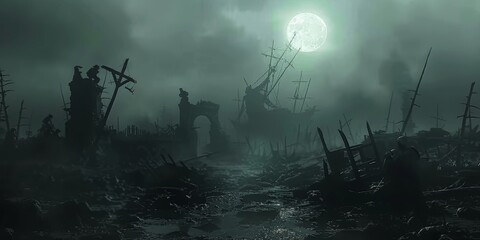 Eerie landscape of a desolate, fog-covered ruin under a full moon at twilight hours, depicting an atmosphere of chaos and abandonment