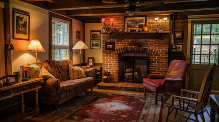 Rustic and cozy farmhouse living room interior design with vintage wooden furniture, brick fireplace, and soft warm lighting. Country charm.&rdquo;

