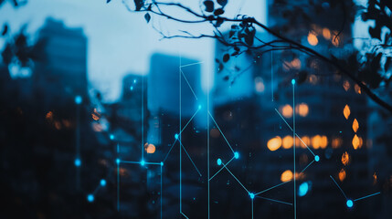 Obraz premium Smart digital city with connection cyber security network reciprocity over the twilight cityscape.future wireless digital city and social media networking systems that connects people within the city