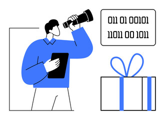 Business professional holding tablet and looking through telescope at binary code and a gift box. Ideal for technology, business strategy, innovation, digital trends, problem-solving, future