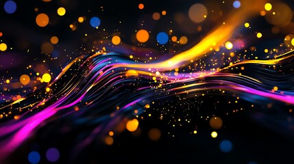 Colorful abstract wave design with vibrant light trails and glowing particles.