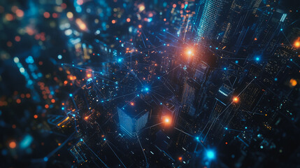 Obraz premium Smart digital city with connection cyber security network reciprocity over the twilight cityscape.future wireless digital city and social media networking systems that connects people within the city