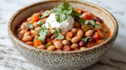 Satisfying Plant-Based Chili Feast in Rustic Bowl with Vegan Sour Cream and Cilantro Garnish