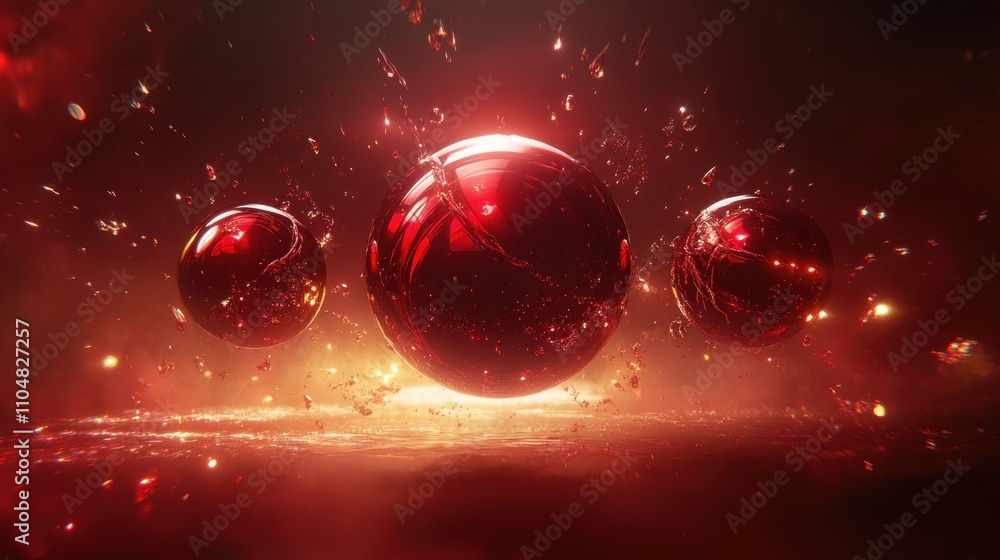 Poster abstract image featuring three glowing red spheres amidst a fiery background.