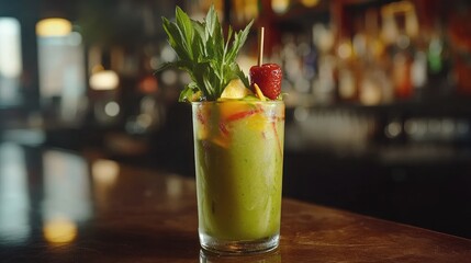 Refreshing Green Cocktail Garnished with Fresh Fruit and Herbs