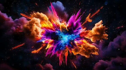 Colorful explosion of clouds on a dark backdrop depicting cosmic energy.