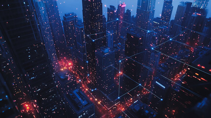 Obraz premium Smart digital city with connection cyber security network reciprocity over the twilight cityscape.future wireless digital city and social media networking systems that connects people within the city