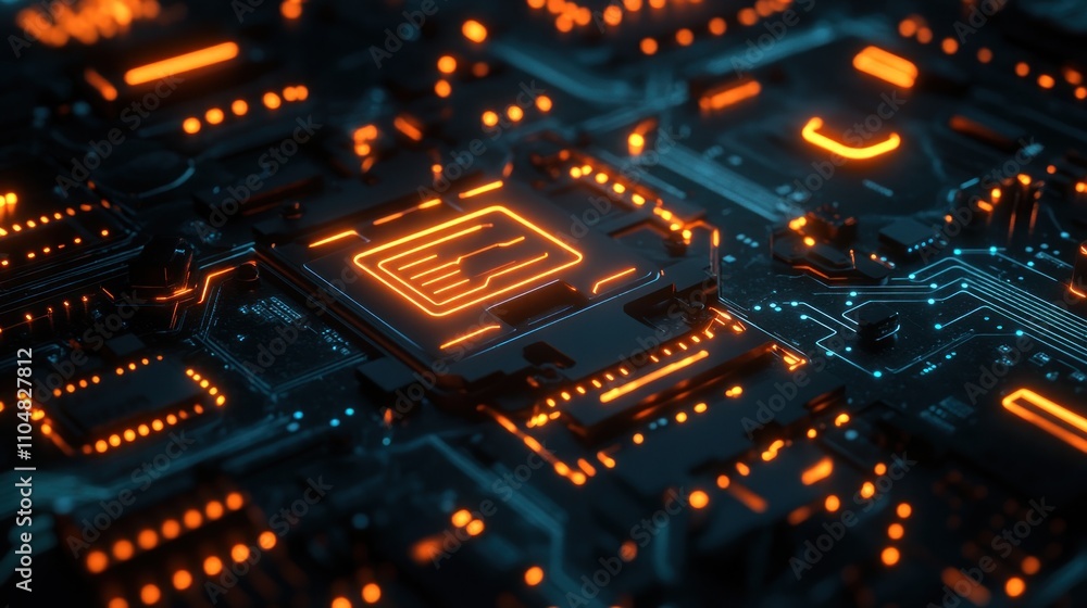 Poster close-up of a glowing orange circuit board with a central processor chip.