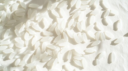 Close-up of white rice grains and shadows scattered on white background with sunlight. Food, grain, cereal, ingredients, agriculture, food styling, Top view. Isolated.