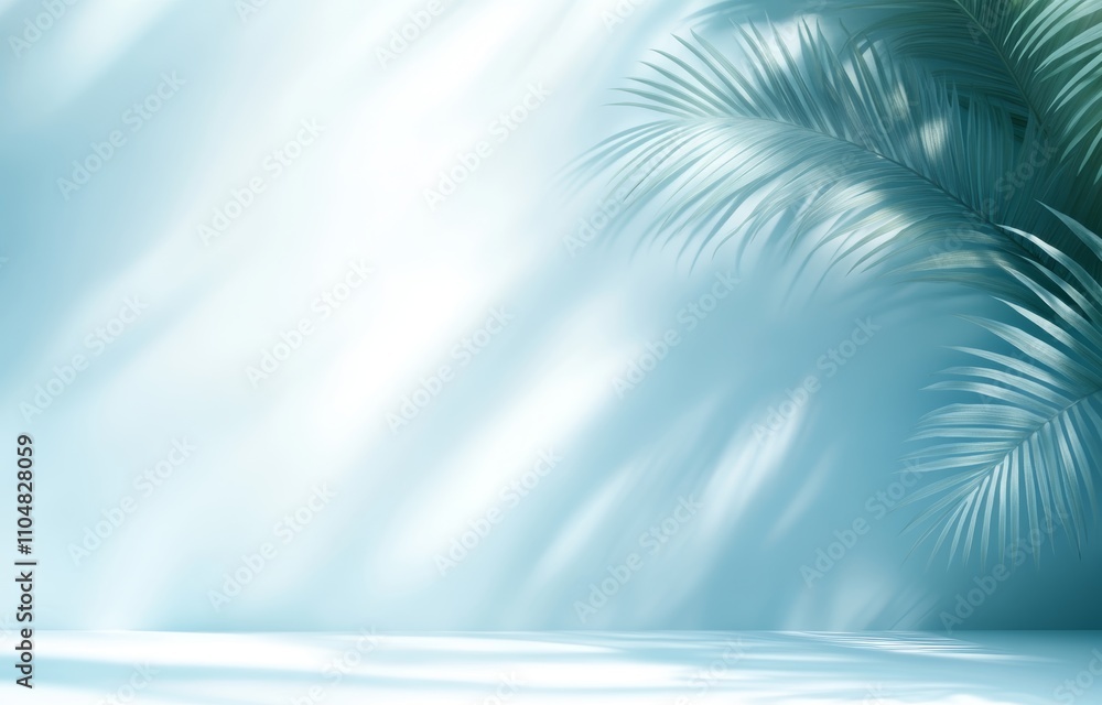Poster minimal abstract background with palm leaf shadows on light blue wall for spring and summer product 