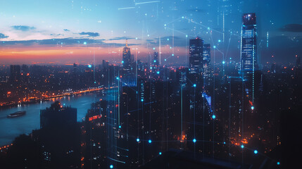 Naklejka premium Smart digital city with connection cyber security network reciprocity over the twilight cityscape.future wireless digital city and social media networking systems that connects people within the city