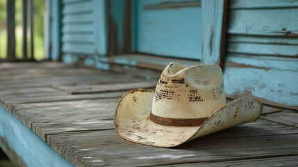 A weathered cowboy hat resting on a rustic wooden porch with blue walls.