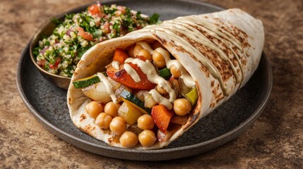 Gourmet Plant-Based Shawarma Wrap with Tahini Sauce and Tabbouleh - Delicious Vegan Middle Eastern Cuisine Concept