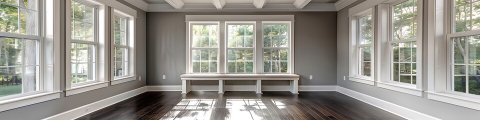 Fototapeta premium Sunroom with white windows, gray walls, dark wood floors, window seat, beamed white ceiling, home decor style.