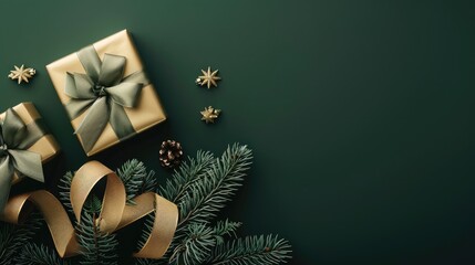 Golden ribbon Christmas tree and gift box on olive background New Year card.