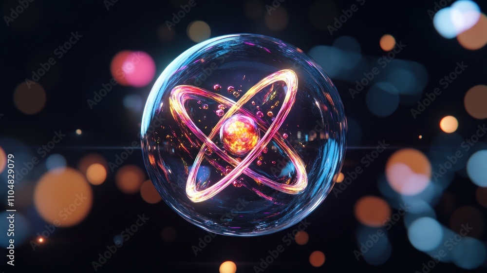 Aufkleber a 3d representation of an atom with vibrant colors and glowing particles.