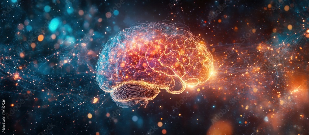 Poster glowing human brain with intricate neural pathways and a cosmic background.