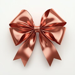 A close-up of a one gift bow decoration made from a glossy ribbon in rose gold color. Isolated on white background. Christmas, xmas, New Year, Birthday, Anniversary, Celebration, Gift, Packaging.