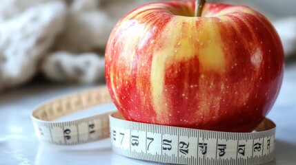 Fresh Red and Yellow Apple Surrounded by an Open White Measuring Tape on a Stylish Surface with Soft Background Blurs