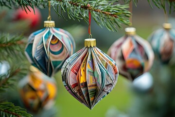 Recycling during festive seasons promotes sustainability. Festive ornaments made from old magazine pages, showcasing DIY creativity for holiday decor in a vibrant image.