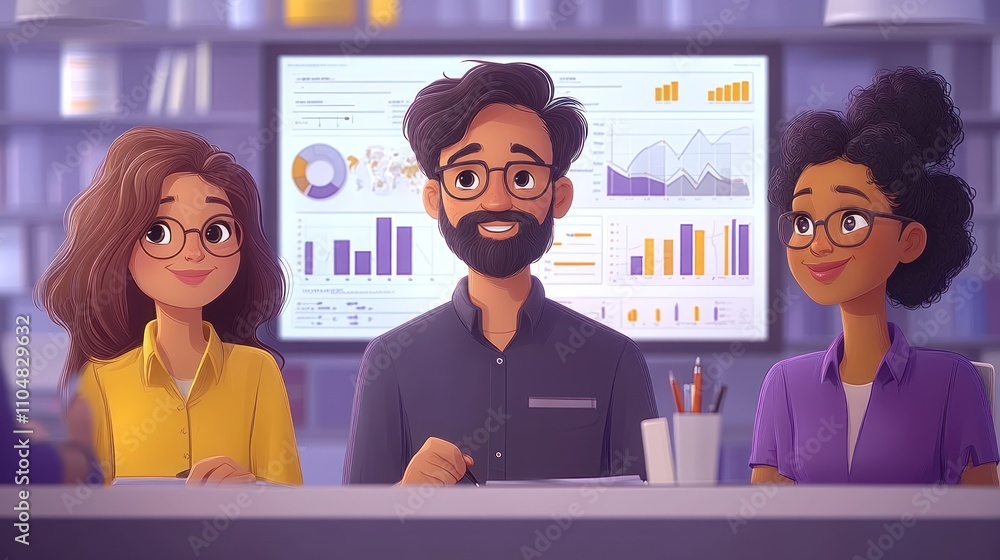 Poster a diverse team of three colleagues sitting at a table in an office, looking at a screen with charts 