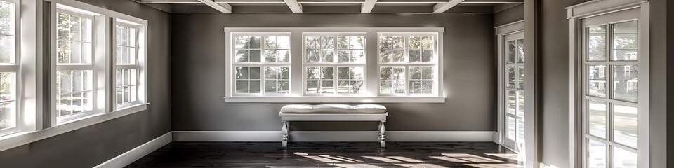 Fototapeta premium Sunroom with white windows, gray walls, dark wood floors, small window seat, beamed ceiling, home decor style.