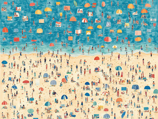 Cartoon Beach Scene with Repeated Pattern Design, Vertical and Horizontal Layout